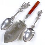 A Dutch silver serving slice, with agate handle and bright-cut floral engraved decoration, length