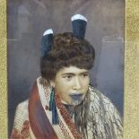 Helen Stuart (fl. 1880s), portrait of a Maori wearing a huia -feather head-dress, over-painted