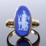 An 18ct gold Wedgwood Jasperware panel ring, depicting Classical female with stag, maker's marks
