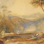 19th century watercolour, figures in Arcadian landscape, unsigned, 7" x 10", unframed