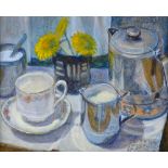 20th century oil on board, the tea table, unsigned, 10" x 12", framed