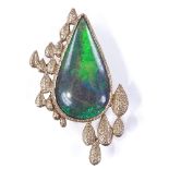 A 1970s 9ct gold and black opal teardrop brooch, with textured finish, maker's marks GGH,