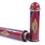 A Turkish Ottoman painted and gilded cylindrical pen box, length 34cm