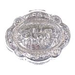 A Continental silver snuffbox, with relief embossed cherub lid and Adams border, stamped 830, length