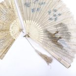 2 19th century carved bone fans with lace screens, largest length 32cm