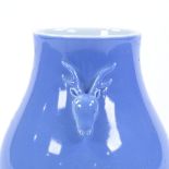 A Chinese blue glaze porcelain vase with stag design handles, height 17cm, seal mark under base
