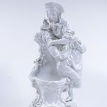 A German white glazed porcelain figure of a girl at a fountain, blue underglaze mark under base,