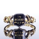 A Victorian 18ct gold black enamel mourning ring, with "In memory of" plaque, pierced foliate