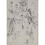 A sheet of early 20th century pen and ink sketches, New York characters, titled Fish Market East