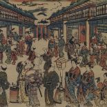 Kigomitsu Torii, Japanese colour woodblock print, nightlife scene, 11" x 17.5", framed