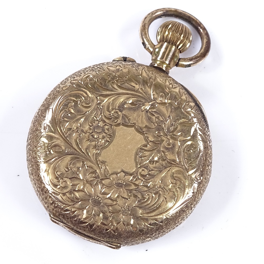 A 14ct gold open-face top-wind fob watch, allover floral engraved case and face, Roman numeral - Image 2 of 5