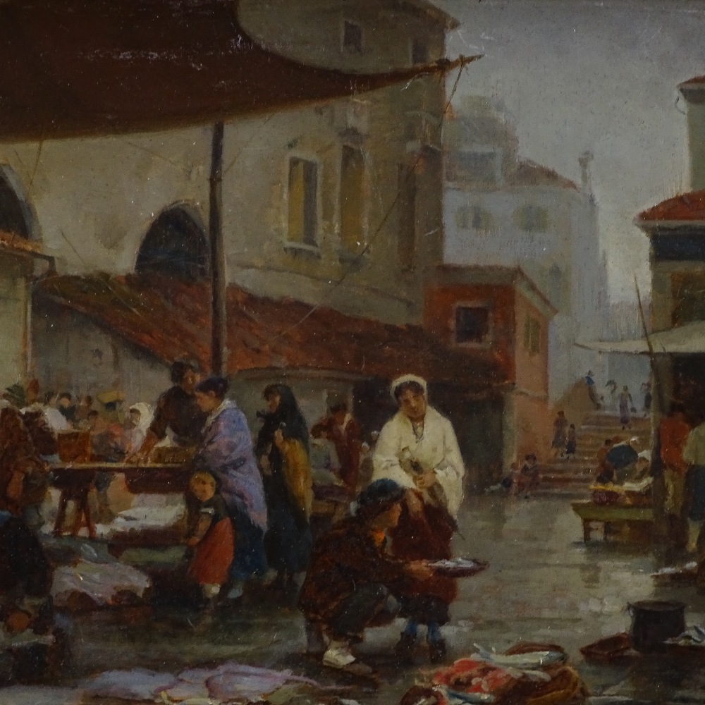 W H Jobbins, oil on panel, the old fish market Venice, inscribed verso, 6.5" x 9.5", framed. This is