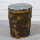 An Oriental lacquer barrel-shaped cabinet, with lift-up top, width 21", height 2'4"