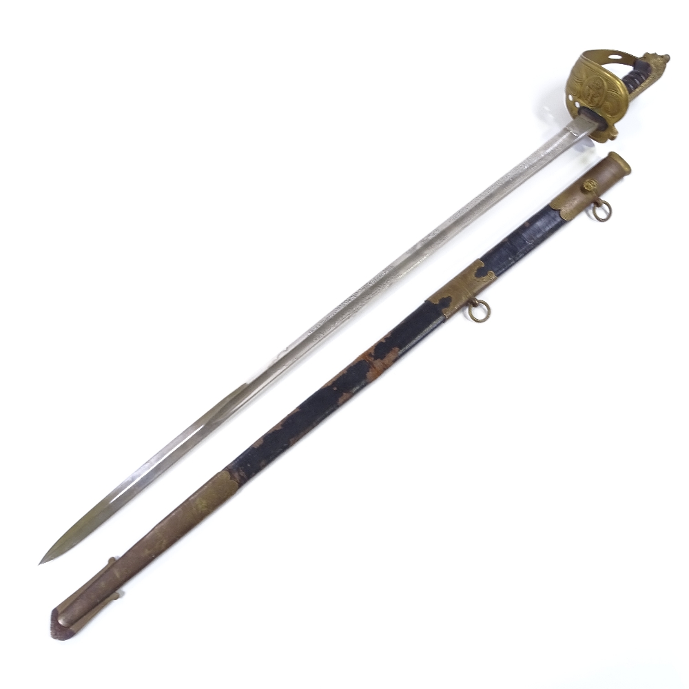 A Navy Officer's sword by Manton & Co, with etched blade, brass bowl hilt with leather grips, and - Image 2 of 3