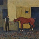 Oil on board, man and horse outside a stable, unsigned, 16" x 20", framed