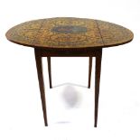 An Antique satinwood oval Pembroke table with painted top, single frieze drawer and painted