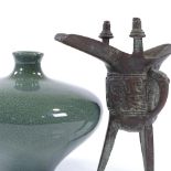A Chinese green crackle glaze vase, diameter 16cm, and a Chinese bronze ritual vessel (2)