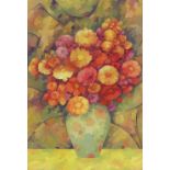 Barbara Todd, gouache, bright flowers, 14" x 9", framed