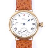 WALTHAM - a 1920s 9ct gold mechanical wristwatch, white dial with Roman numeral hour markers and