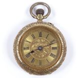 A 14ct gold open-face top-wind fob watch, foliate engraved case and face, with Roman numeral hour
