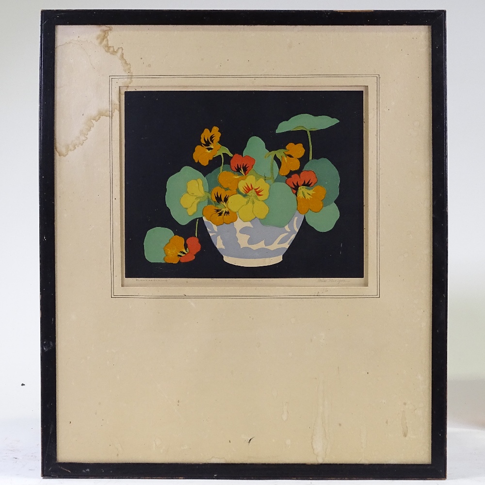 John Paul Thorpe, colour woodcut print, Nasturtiums, signed in pencil, image 9" x 11.5", framed - Image 2 of 4