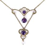 A Victorian 9ct gold amethyst and pearl pendant necklace, with openwork stylised settings,