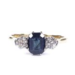 An 18ct gold 3-stone sapphire and diamond ring, setting height 7mm, size M, 2.3g