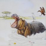 Mick Loates, watercolour, hippo, 12" x 17", framed