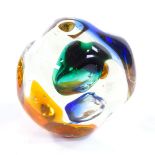 A large Murano Glass sculptural sphere, with blue/green/orange inclusions, 14cm diameter