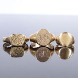 An 18ct gold signet ring, setting height 12.1mm, size F, 4.2g, together with 2 9ct gold signet