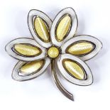 A Norwegian sterling silver and enamel leaf brooch, with pierced stylised settings, by Aksel