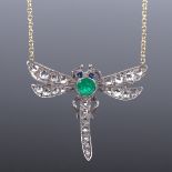 An unmarked gold emerald sapphire and diamond dragonfly pendant necklace, on 18ct chain, wingspan