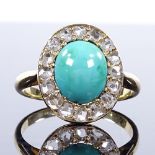 An unmarked gold cabochon turquoise rose-cut diamond cluster panel ring, setting height 15.5mm, size