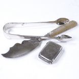 Various silverware, comprising engraved Victorian Vesta case, mother-of-pearl handled butter