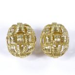 A pair of 18ct gold woven bombe panel earrings, with clip and post fitting, earring height 22mm,