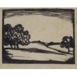 Woodblock print, landscape, unsigned, image 3" x 4", framed