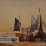 19th century watercolour, beached fishing boats, signed with monogram, 7" x 10.5", framed