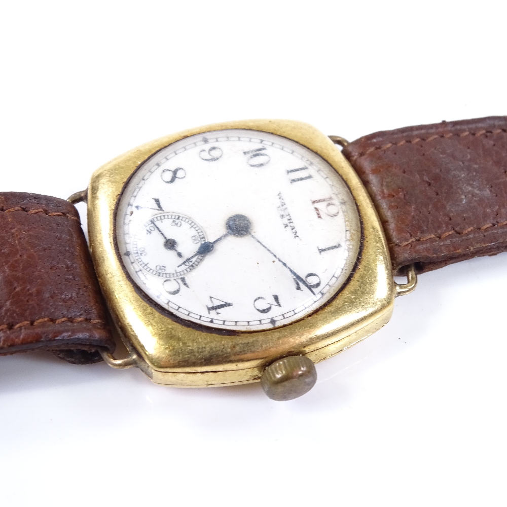 WALTHAM - an 18ct gold cushion-cased mechanical wristwatch, circa 1930s, 7 jewel movement with - Image 3 of 5