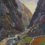 Pair of oils/gouache on board, Indian mountain landscapes, one indistinctly signed, largest 12" x