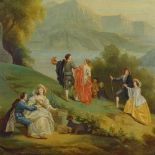 19th century French School, oil on canvas, courting couple in extensive landscape, unsigned, 22" x