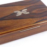 A Scandinavian hardwood cigar box with silver inlaid decoration, width 22cm, containing a pack of