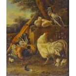 Oil on wood panel, poultry in the farmyard, 10" x 8", framed