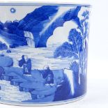 A Chinese blue and white porcelain brush pot, painted figures in a landscape, 4 character mark,