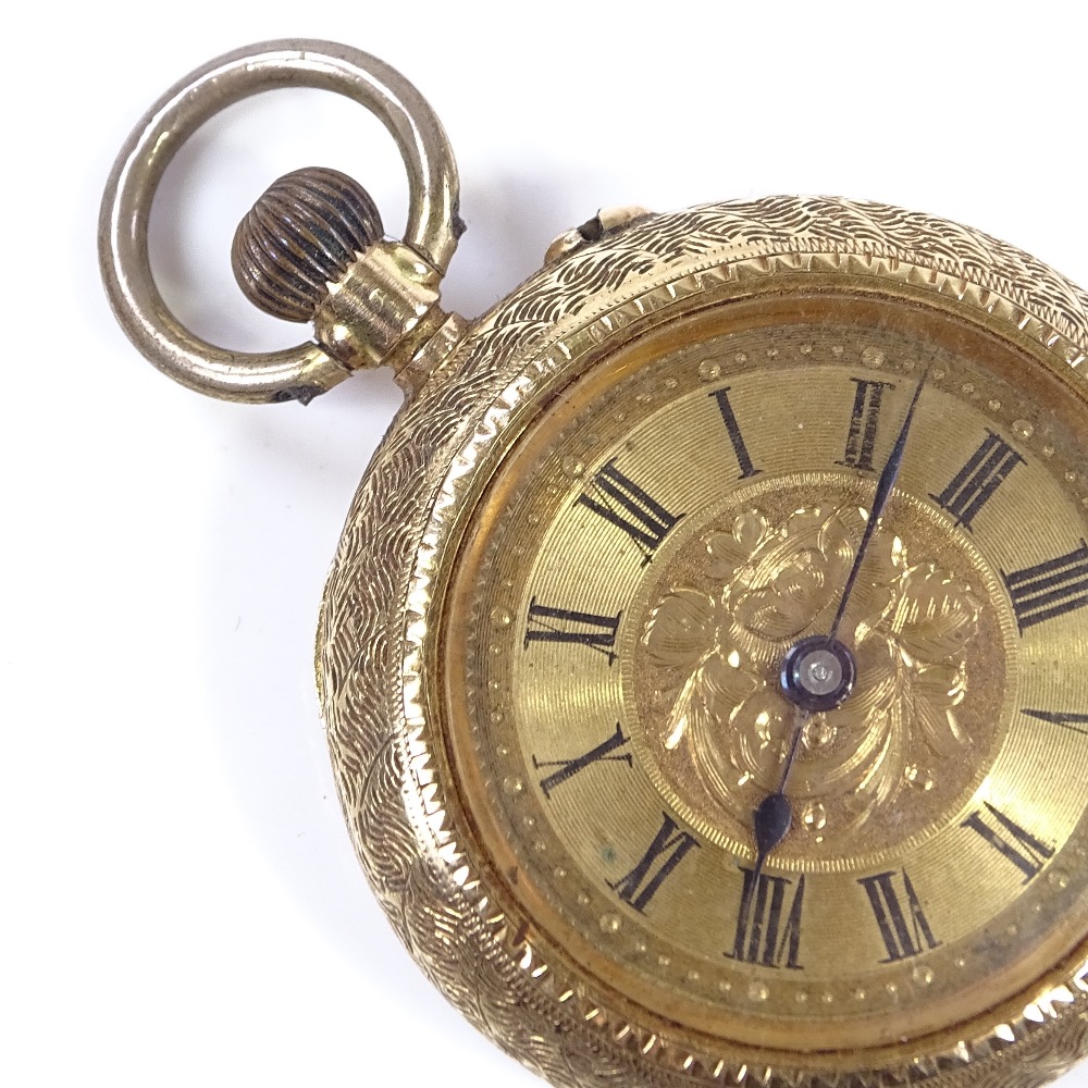 A 14ct gold open-face top-wind fob watch, foliate engraved case and face, with Roman numeral hour - Image 3 of 5