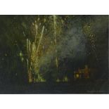 Benjamin Warner, oil on board, fireworks over Falmouth, signed, 7.5" x 10.5", framed