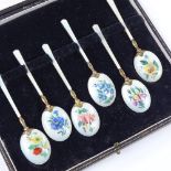 A set of 6 silver-gilt and coloured enamel coffee spoons, with painted floral bowls, by Turner &