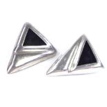 A pair of Mexican sterling silver and black enamel triangular abstract earrings, with clip-on