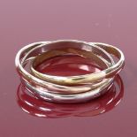 A French 14ct gold 3-tone trinity ring, each band width 1.9mm, size M, 3.7g