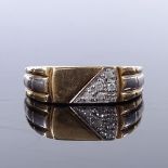 A 9ct gold diamond panel signet ring, with Rolex style shoulders, setting height 6.8mm, size V, 3.7g