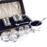 Various silverware, including cased cruet set, napkins rings etc, 4.9oz weighable